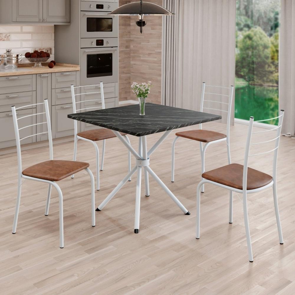 Miniatura Conjunto Sala de Jantar Mesa Quadrada 70x70cm Tampo Ardósia Indiana 4 Cadeiras Rio C. Marrom / Branco