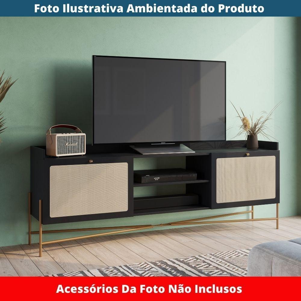 Rack 2 Portas Oslo Artesano 183 Cm (largura) Mdp Nero Palha Sintética Bege Pé Metal Dourado