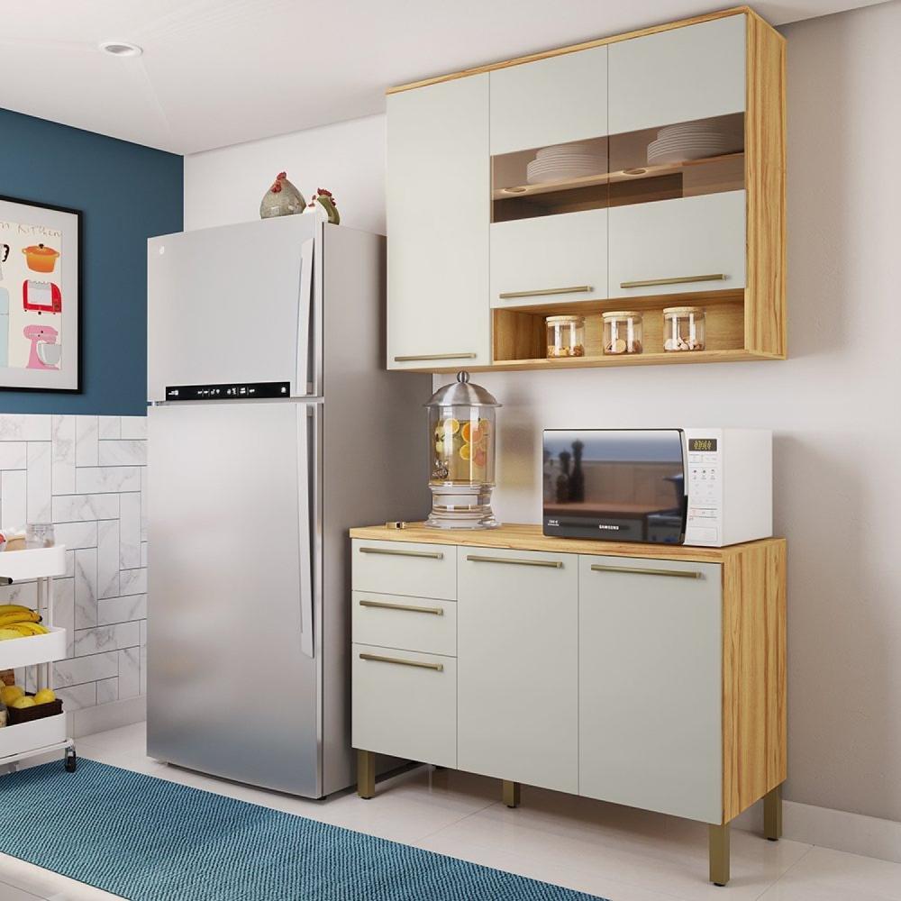 Miniatura Cozinha Modulada Compacta 2 Peças 6 Portas 2 Gavetas com Tampo e Vidro Reflecta 100% Mdf Itália Espr Amêndoa/Off White