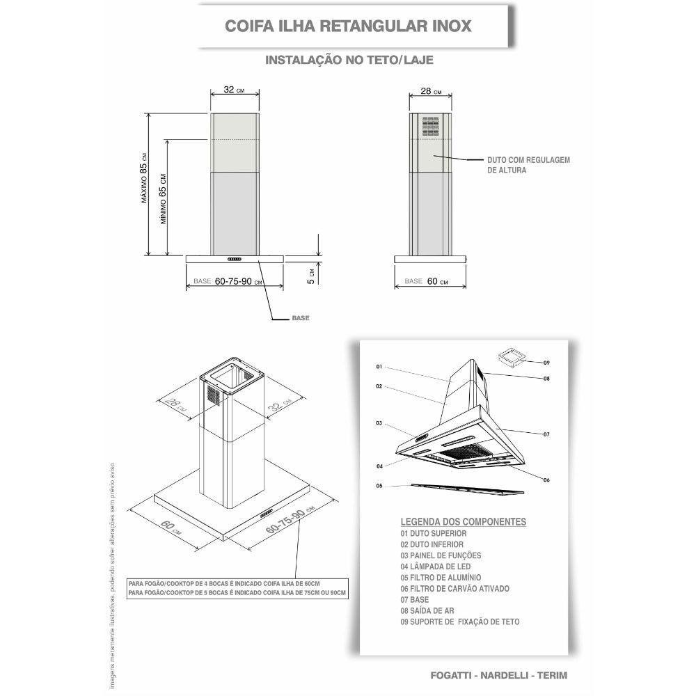 Miniatura Coifa Ilha 90cm Retangular Fogatti Inox 220v