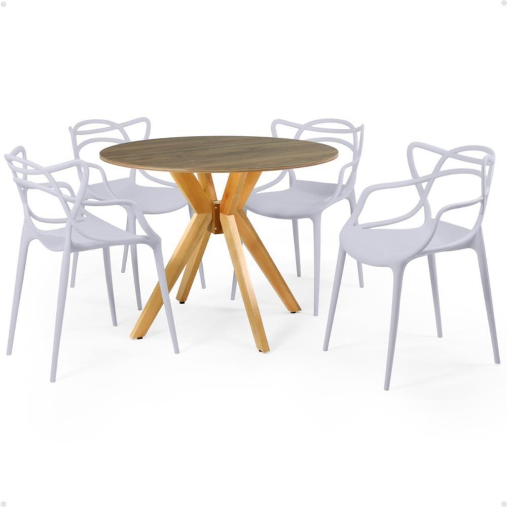 Miniatura Conjunto Mesa De Jantar Redonda Marci Natural 100cm Com 4 Cadeiras Allegra - Cinza