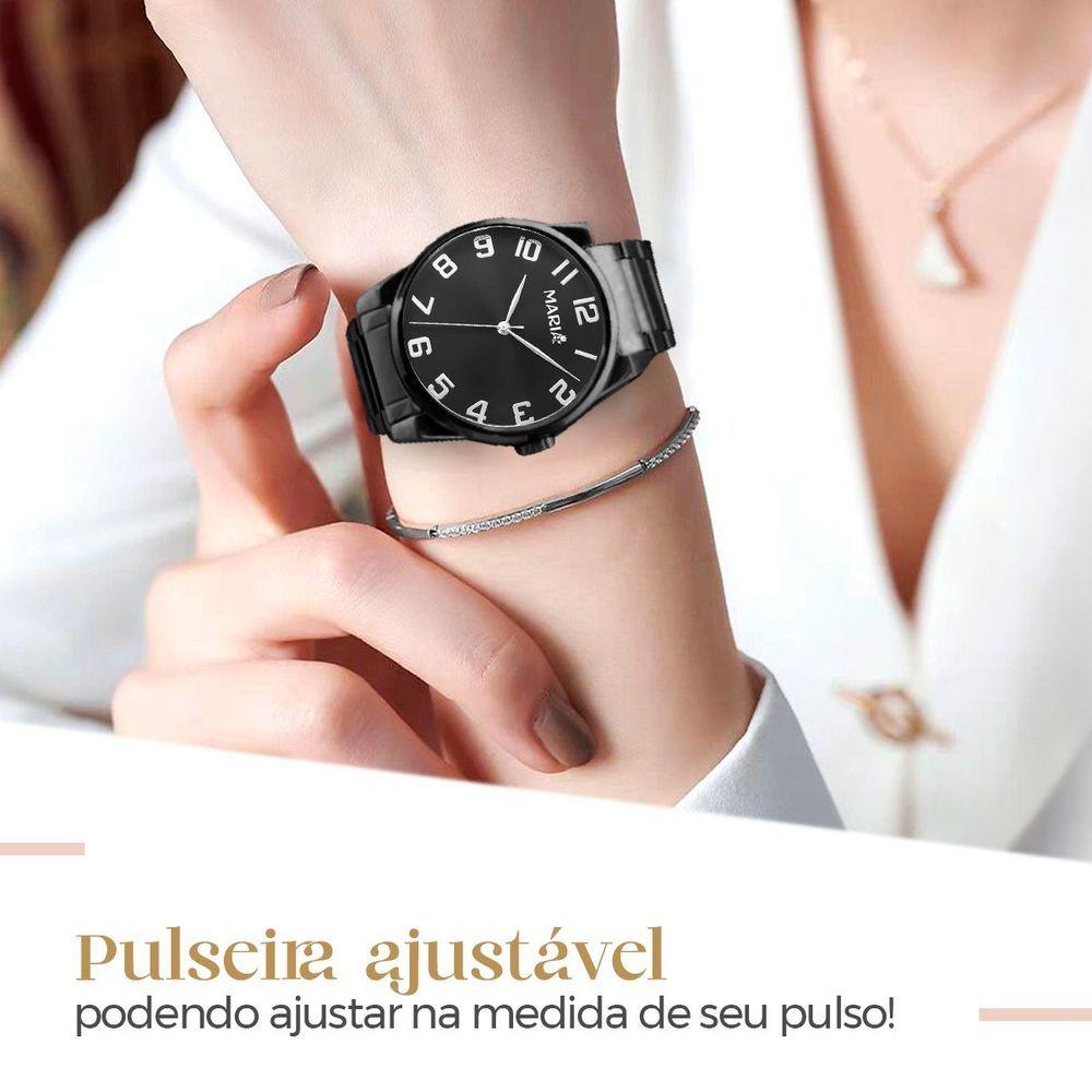 Miniatura Relogio Feminino Preto Aço Inox + Caixa + Brincos + Colar Original Presente Qualidade Premium Social