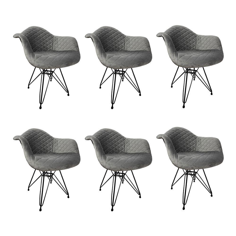 Miniatura Kit 6 Poltronas Jantar Estofadas Cinza Base Ferro Preto Cinza