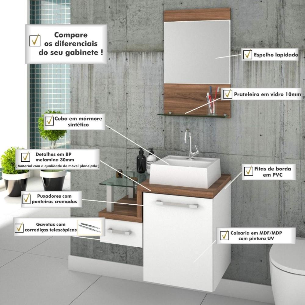 Gabinete para Banheiro com Cuba Quadrada Q32 e Espelheira Legno 631W Compace Branco/Nogal