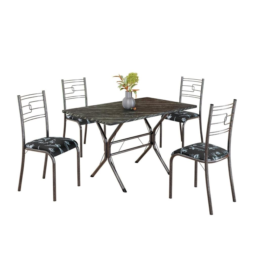 Miniatura Conjunto Sala de Jantar Mesa Retangular 100x60cm Tampo Pedra Ardósia Indiana 4 Cadeiras Paraty Preto Floral / Mart Prata