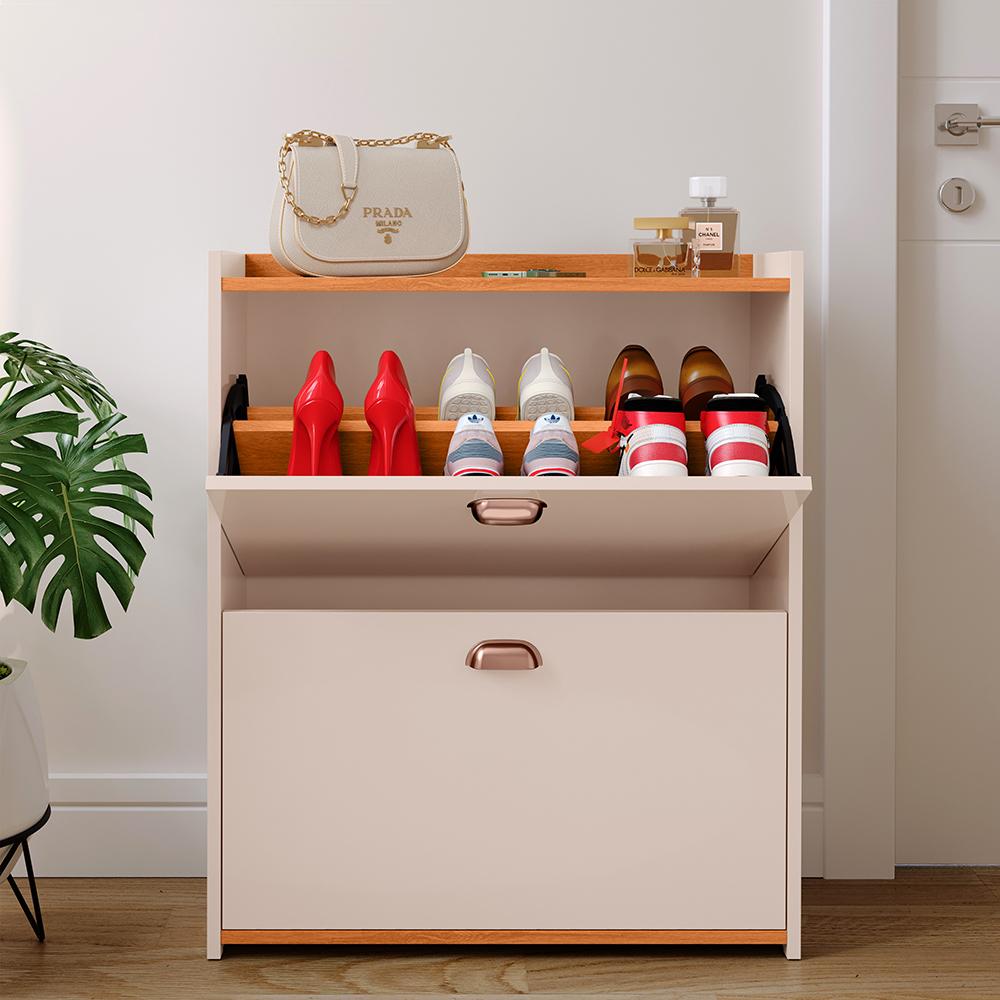 Miniatura Sapateira Closet Vertical Organizadora 12 Pares Calçados Unissex Prateleira 2 Andares Gavetas Basculante Off White/Cinamomo - Lojas RPM