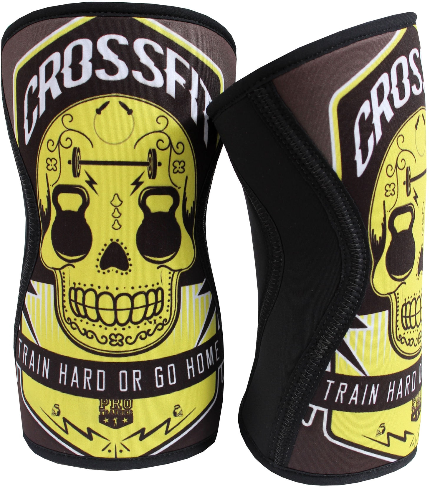 Miniatura Joelheira Crossfit caveira amarela neoprene tamanho g