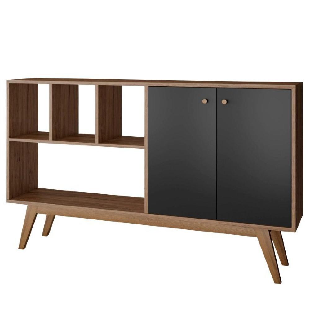 Conjunto Rack para TV até 48 Polegadas 2 Portas e Aparador  2 Portas 3 Prateleiras Mônaco  Estilare Preto/Madeirado