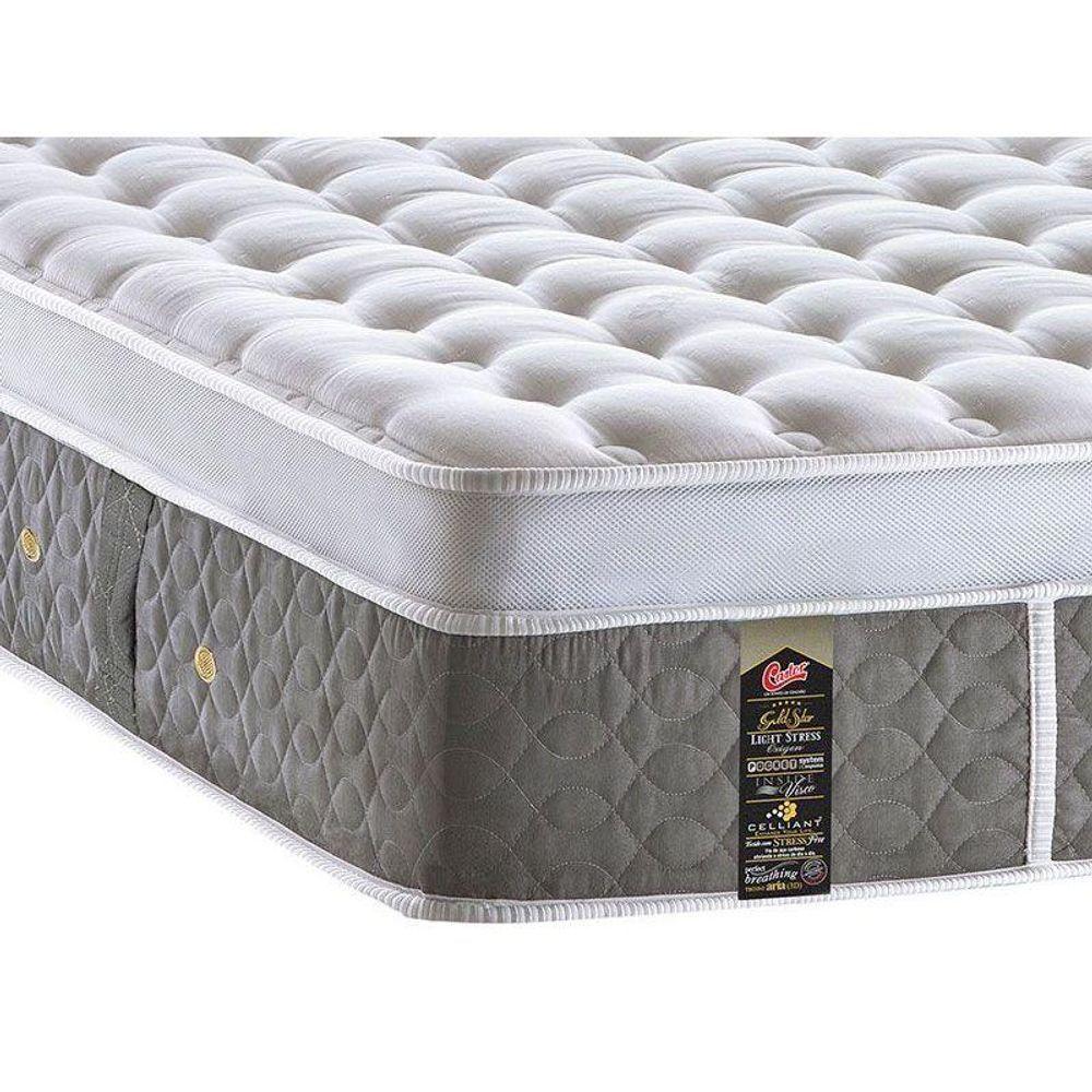 Miniatura Cama Box Queen: Colchão Molas Castor Pocket Light Stress Oxygen New Plush + Base Cinza(158X198)