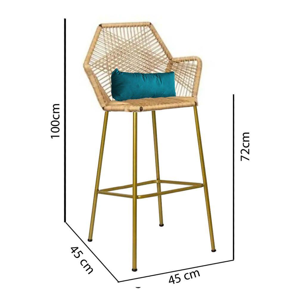 Miniatura Banqueta Alta Com Encosto Ferro Dourado Fibra Palha Almofada Azul Turquesa