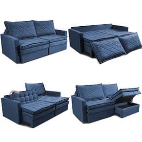 Sofá 3 Lugares Cama inBox Marselha com 180 cm de Largura, Retrátil, com Baú e Revestimento Suede Velusoft Azul