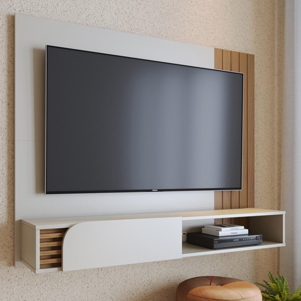 Painel Para Tv 60 Pol Bancada Suspensa 160cm Mayer C04 Off White Matte Freijó - Lyam Decor