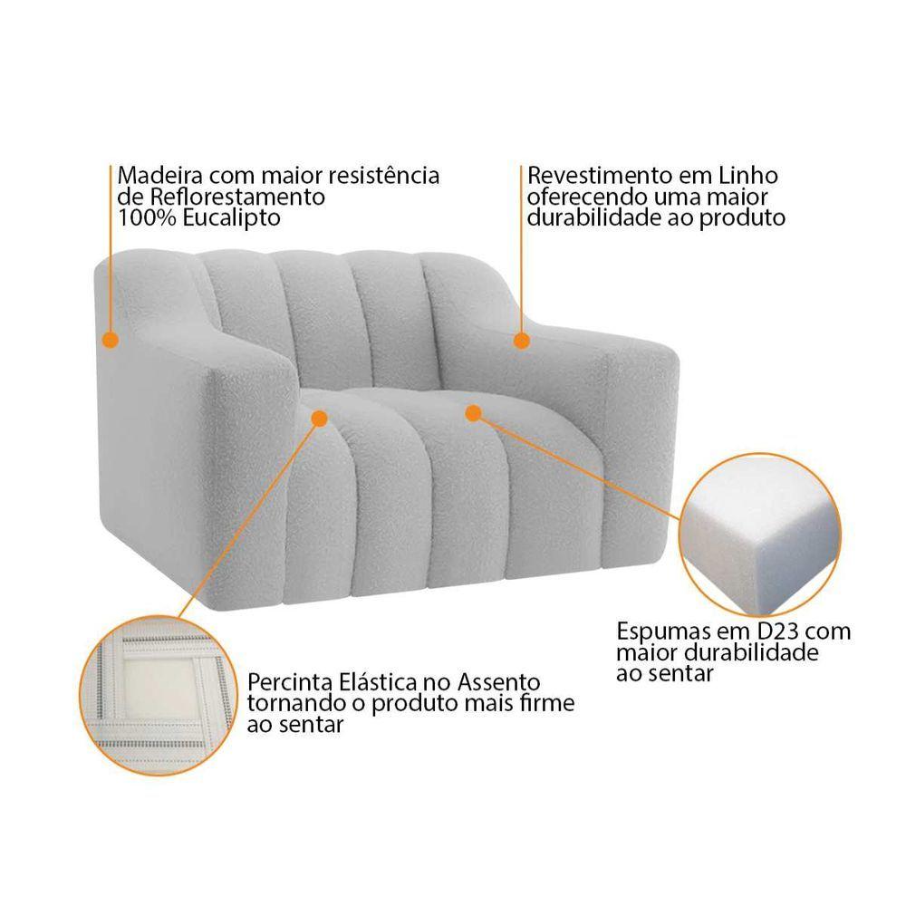 Kit 1 Sofá 150cm 2 Poltrona Luxo Recepção Sala Elegance Linho Cinza Claro