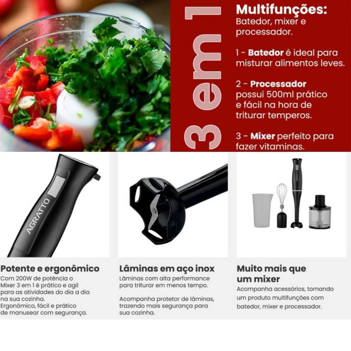 Kit Mixer 3 Em 1 Processador Batedor Liquidificador Portátil