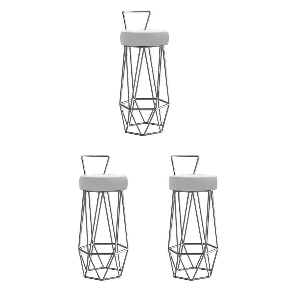 Miniatura Kit 03 Banqueta Com Encosto Botti Hexágono Cozinha Bar Ferro Cinza Corino Branco
