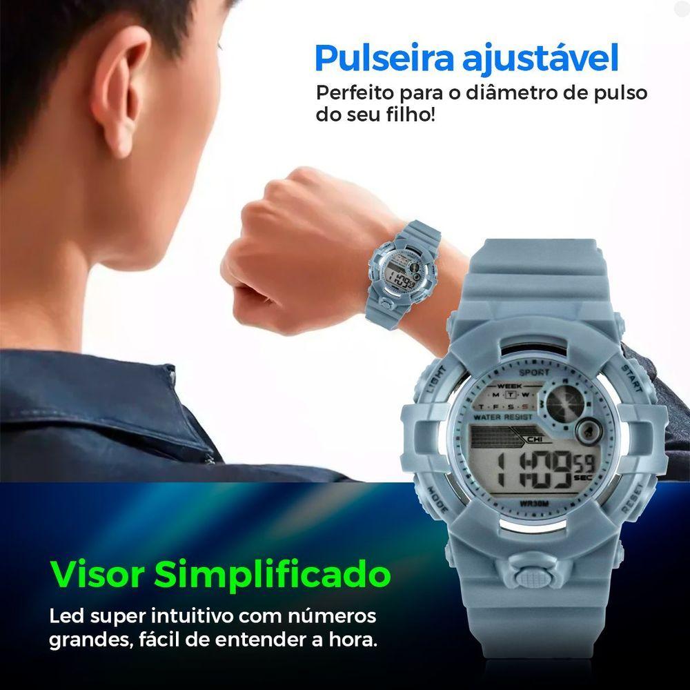Miniatura Relogio Digital Infantil Menino Silicone Criança + Caixa Cronometro Esportivo Alarme Cinza Presente