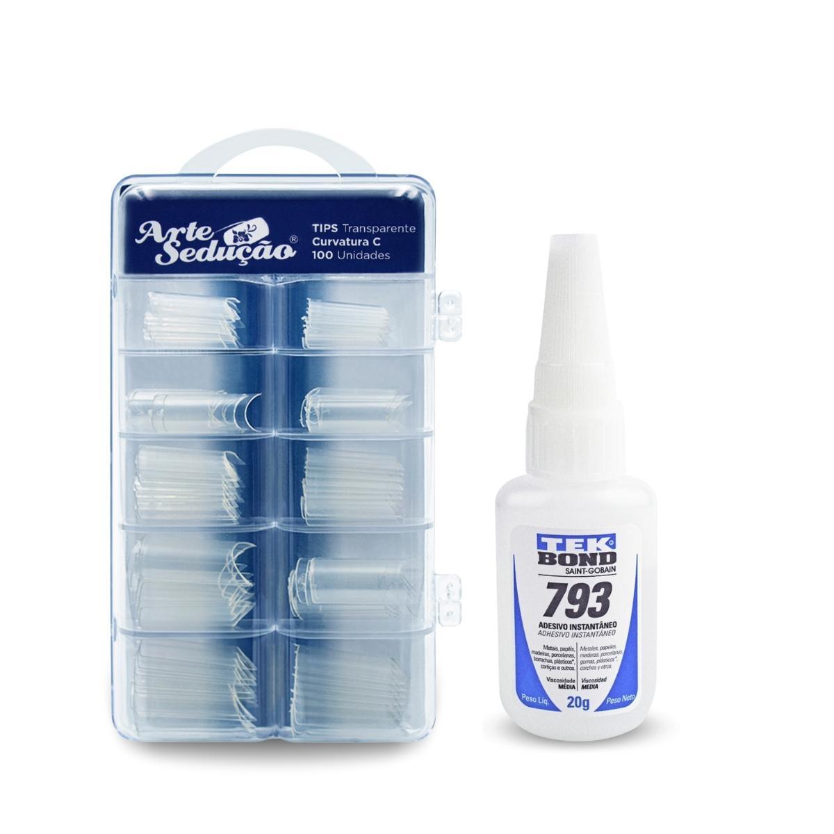 Miniatura Kit 100 Tips Curvatura C Transparente + Cola Tek Bond 793