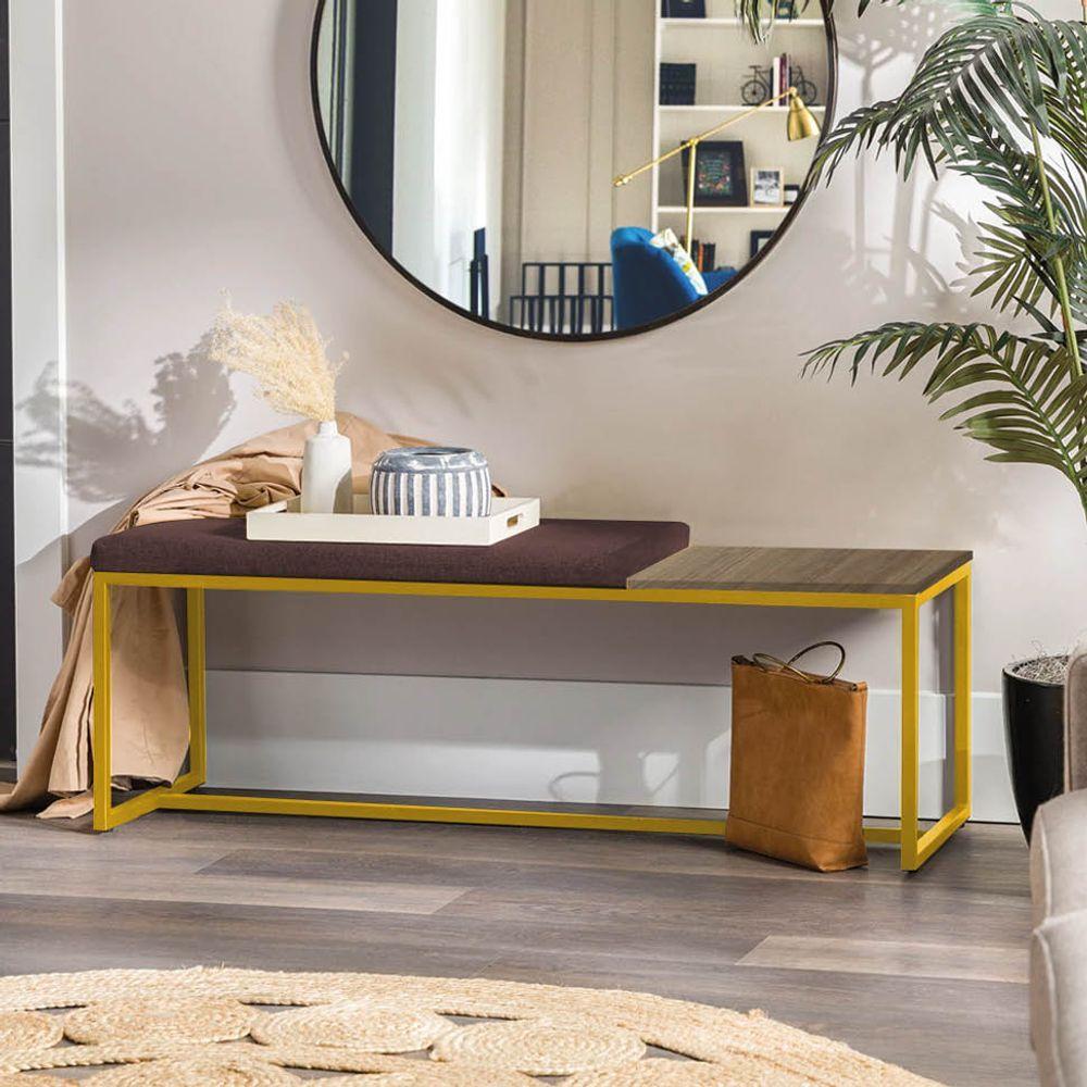 Miniatura Banco Recamier Puff 160cm Industrial Dourado Corino Marrom Tampo Quadrado Mdf Imbuia