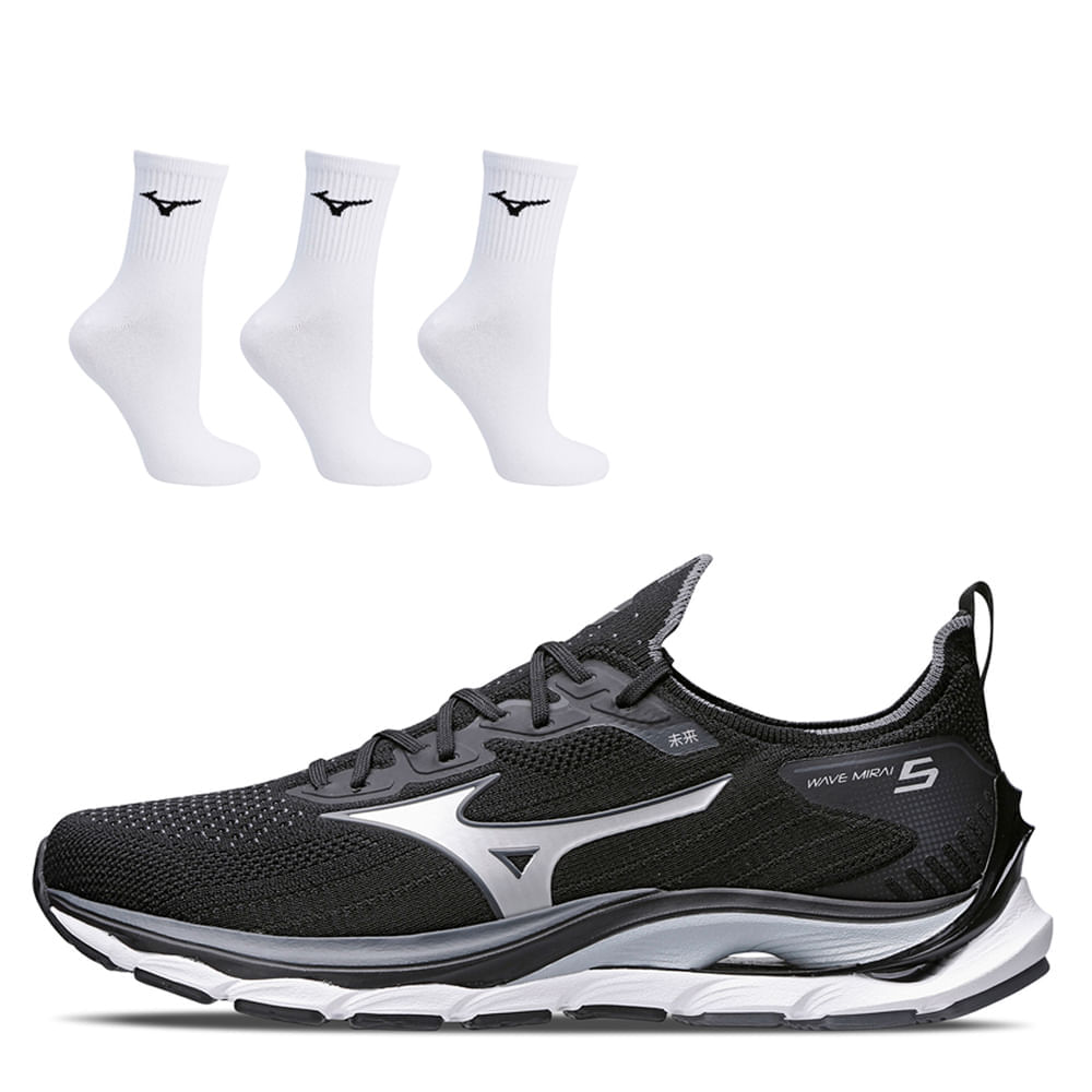 Miniatura Kit Tênis Masculino Wave Mirai 5 + Kit 3 Pares de Meia Cano Médio Mizuno Basic Preto - 41