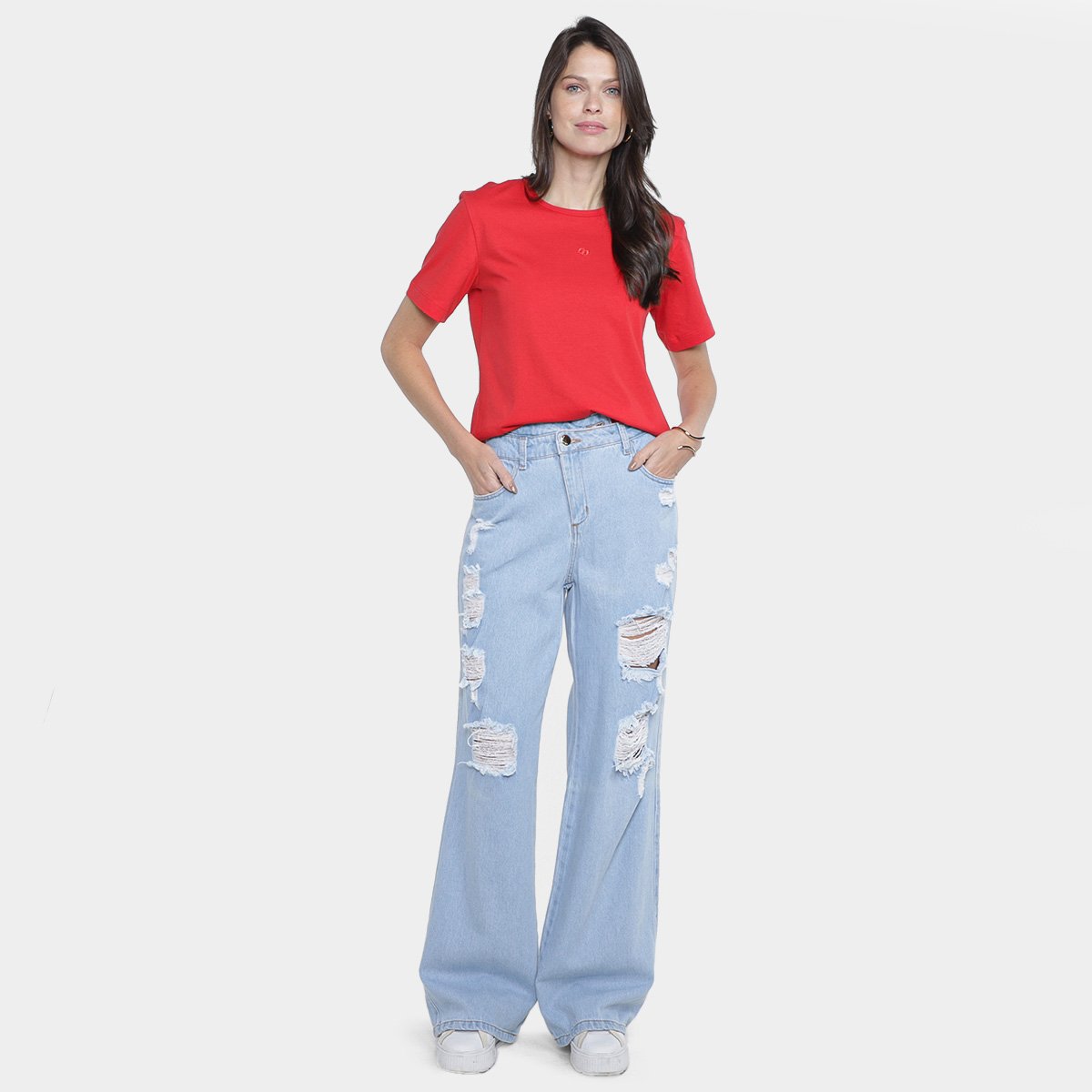 Miniatura Calça Jeans Wide Leg Destroyed Cós Diferenciado Cintura Alta Feminina Azul - 34