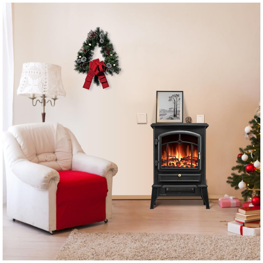 Lareira Elétrica Portátil com Termostato e Efeitos de Chama Realistas em 3D, 110V 1500W, RWFLAME, Preta