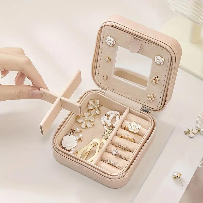 Miniatura Mini Porta Joias Portátil Estojo Quadrado Zíper E Espelho