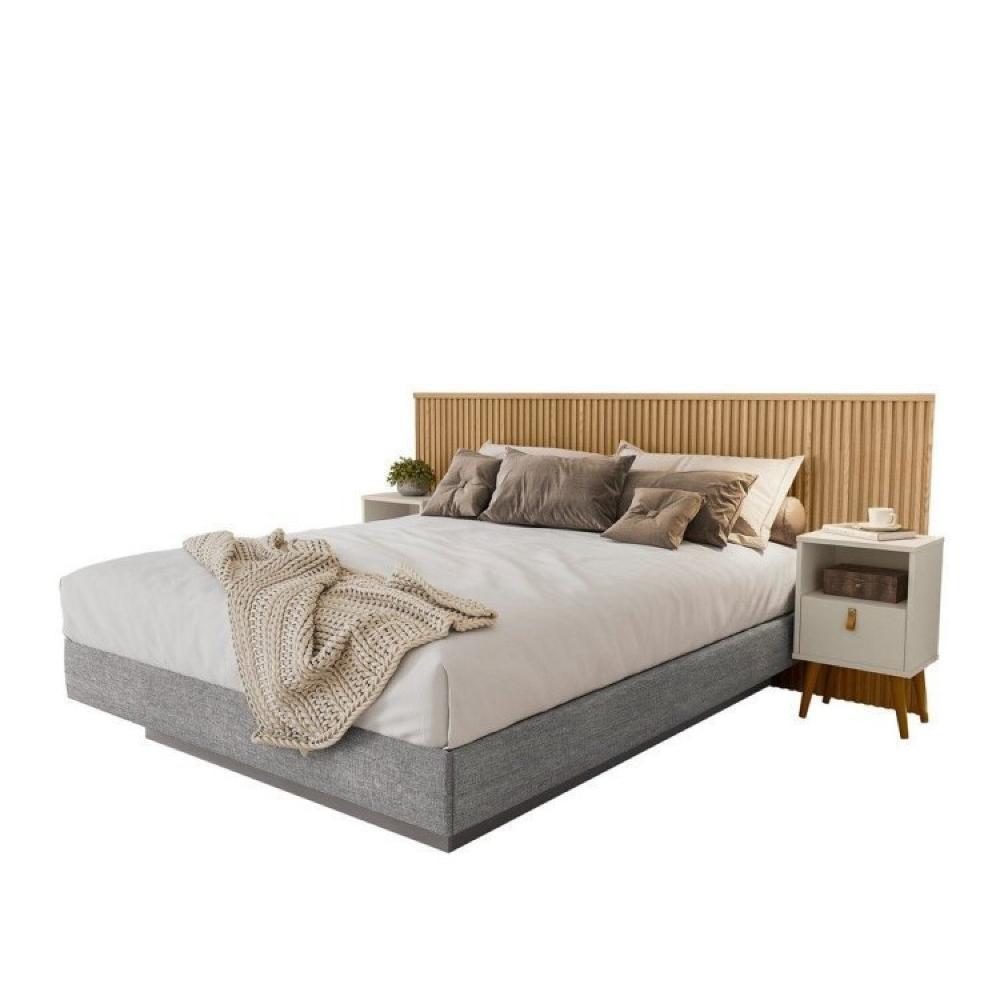 Conjunto Cama Queen Bristol, Cabeceira e 2 Mesas de Cabeceira Buzios Carvalho/Cinza