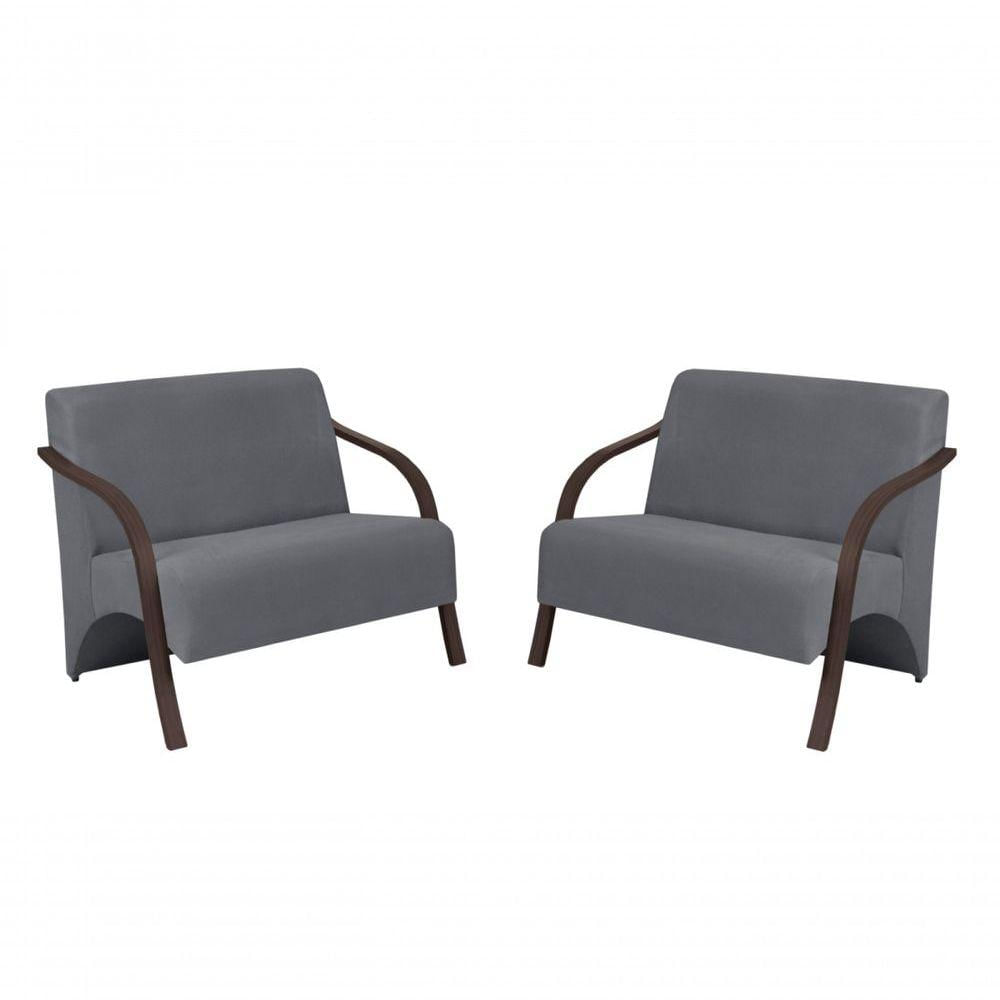 Miniatura Kit 2 Poltronas 2 Lugares Suede Braço Madeira Cinza
