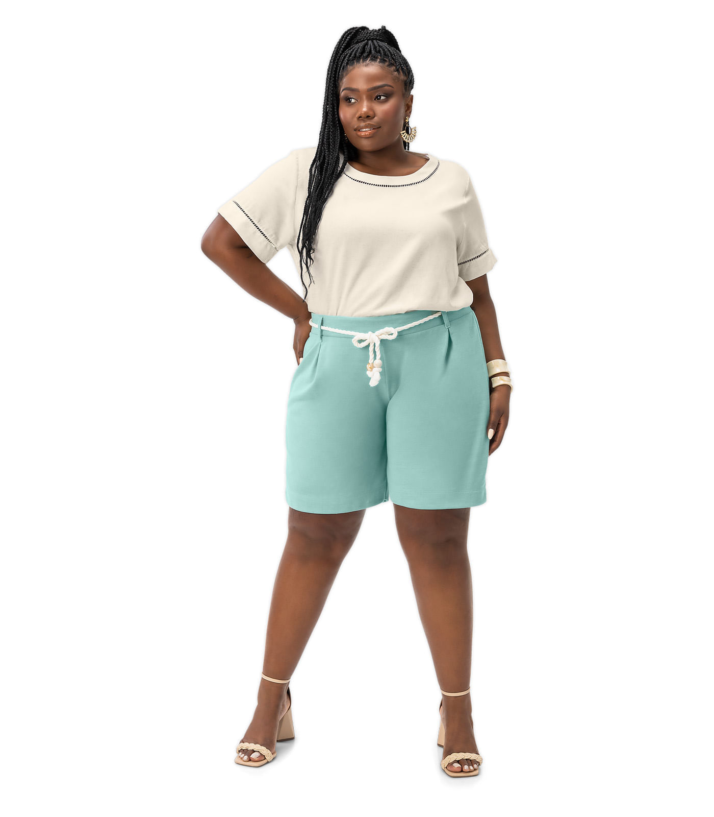 Miniatura Bermuda Feminina Plus Size Em Linho Secret Glam Verde Plus G1