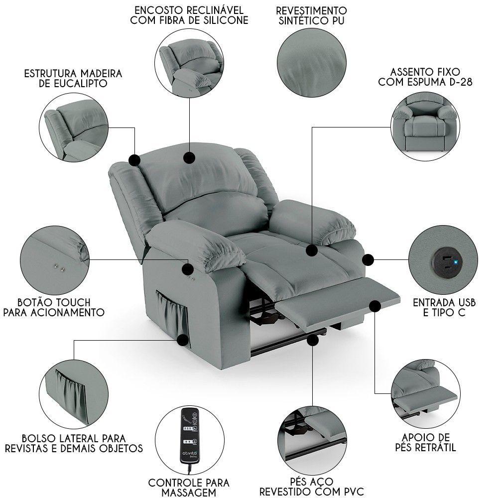 Poltrona Do Papai Reclinável Pietra Power Touch Massagem Fh9 Pu Cinza - Mpozenato