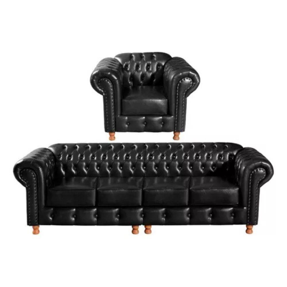 Miniatura Conjunto Sofá 4 Lugares E Poltrona Chesterfield Luís Xv Vintage Retrô Capitonê Couro Preto