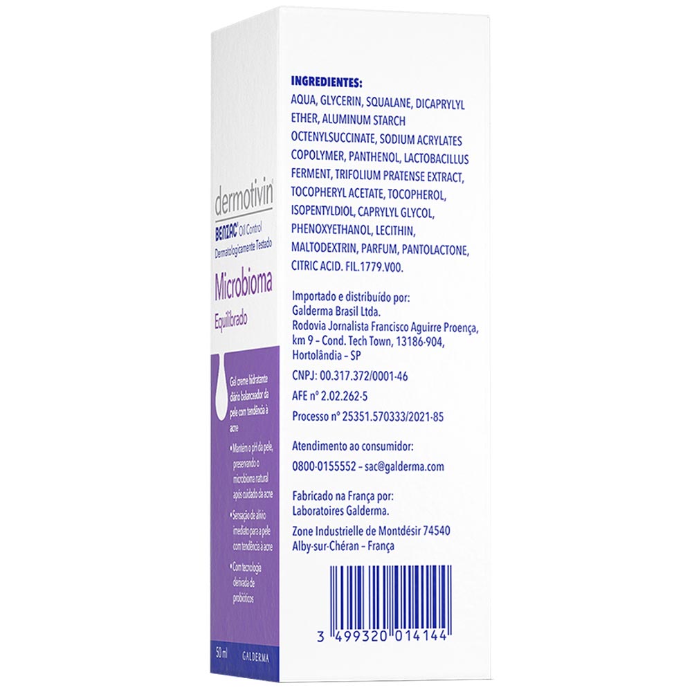 Miniatura Gel Creme Hidratante Dermotivin Benzac Oil Control Microbioma Equilibrado 50ml