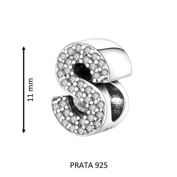 Berloque Letra S Cravejada Pulseira Prata 925 Alfabeto Luxo