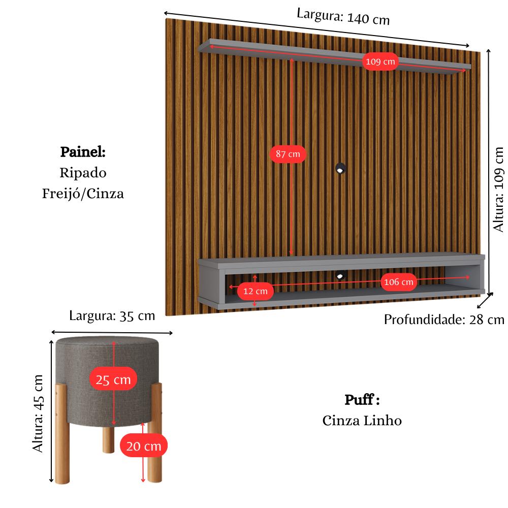 Miniatura Estante Painel Sala Quarto TV 48 Polegadas Nairobi Ripado Freijó/Cinza e Puff Banqueta Estofado Assento Confortável Pés Retrô Thor Cinza