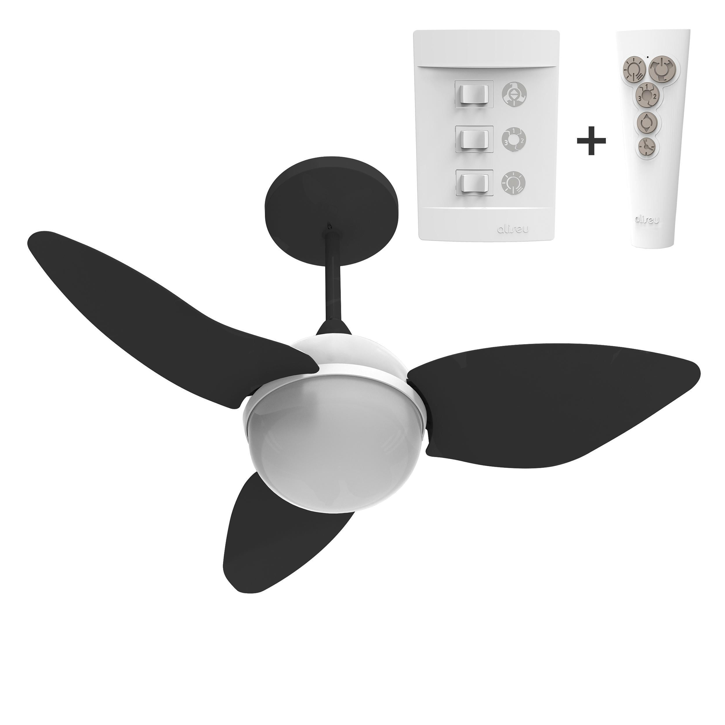 Miniatura Ventilador Teto Aliseu Smart Preto Controle Remoto E Parede