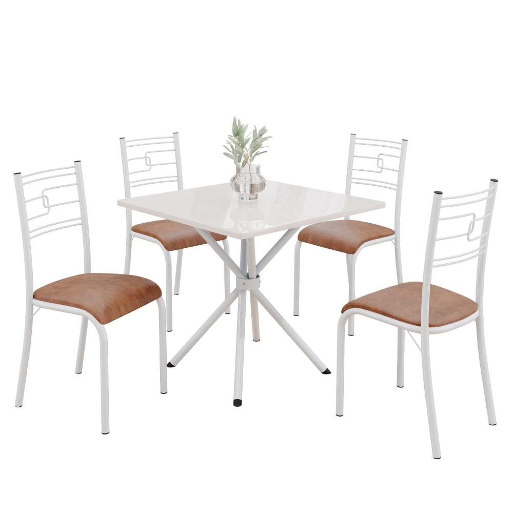 Miniatura Conjunto Sala de Jantar Mesa Quadrada 70x70cm Tampo Mdp Off White 4 Cadeiras Paraty Courino Marrom / Branco