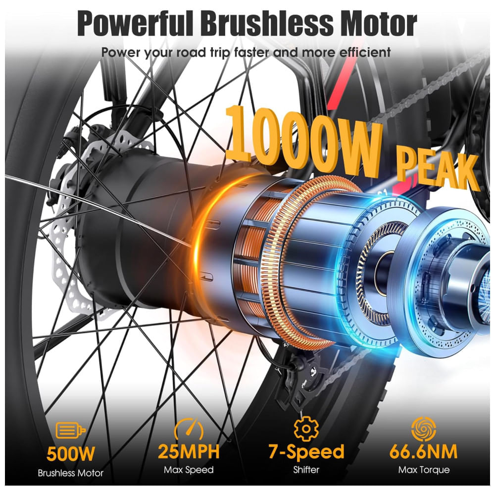 Miniatura Bicicleta Elétrica para Adultos Funhang EB-S1, 1000W, 25MPH, 60 Milhas, Mountain Bike Elétrica 26' com Pneus Largos, Bateria 48V 13AH, Bagageiro, Susp