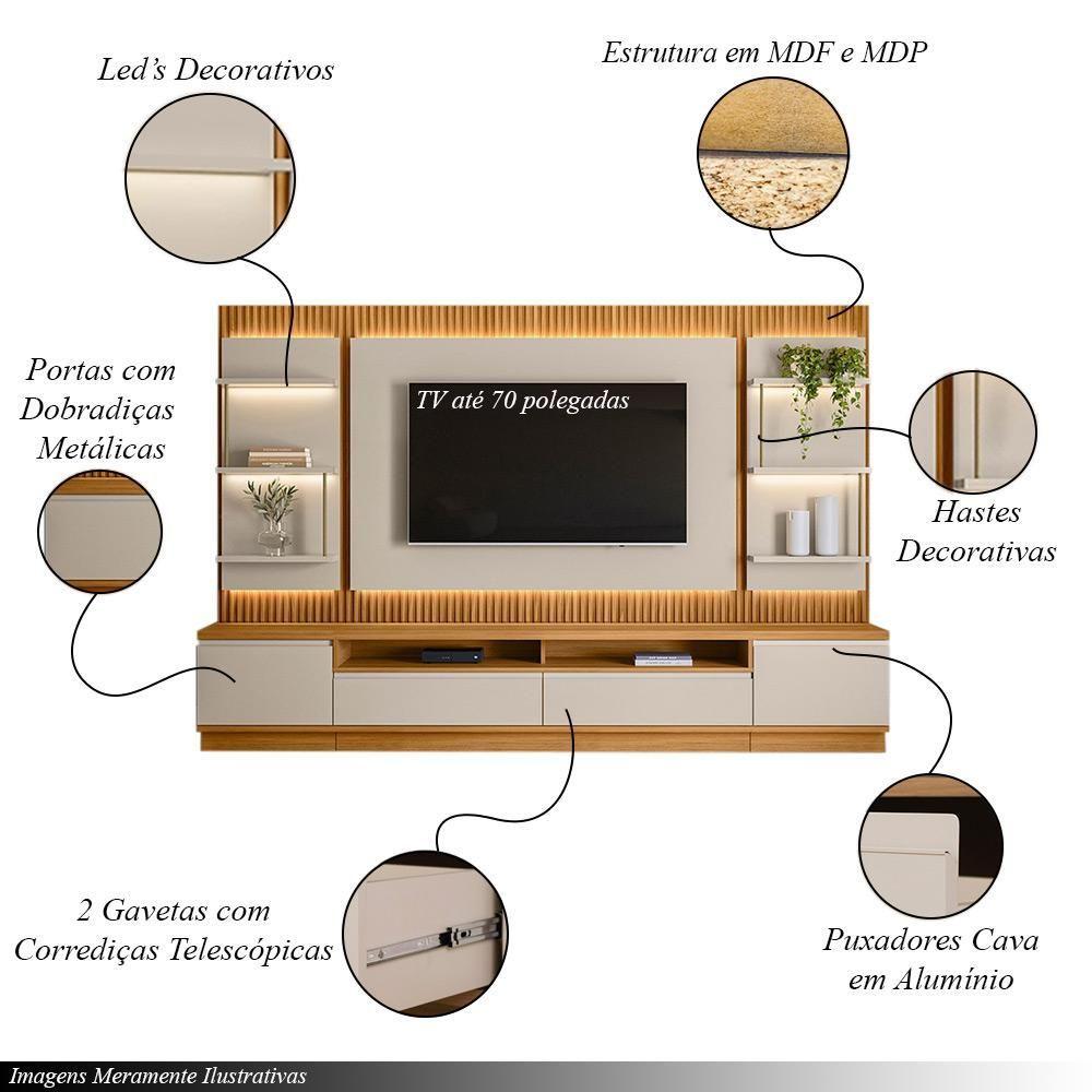 Miniatura Painel E Bancada Rack Sala De Estar 297cm Madalena Modulado Led Ripado Tv Até 70 Tauari/off White G77 - Gran Belo