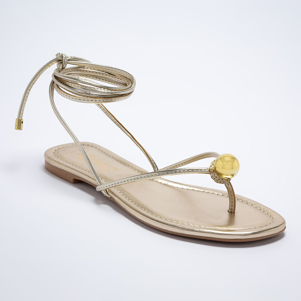 Miniatura Rasteira Flat Feminina Com Amarração E Detalhe Bola - Ouro 34