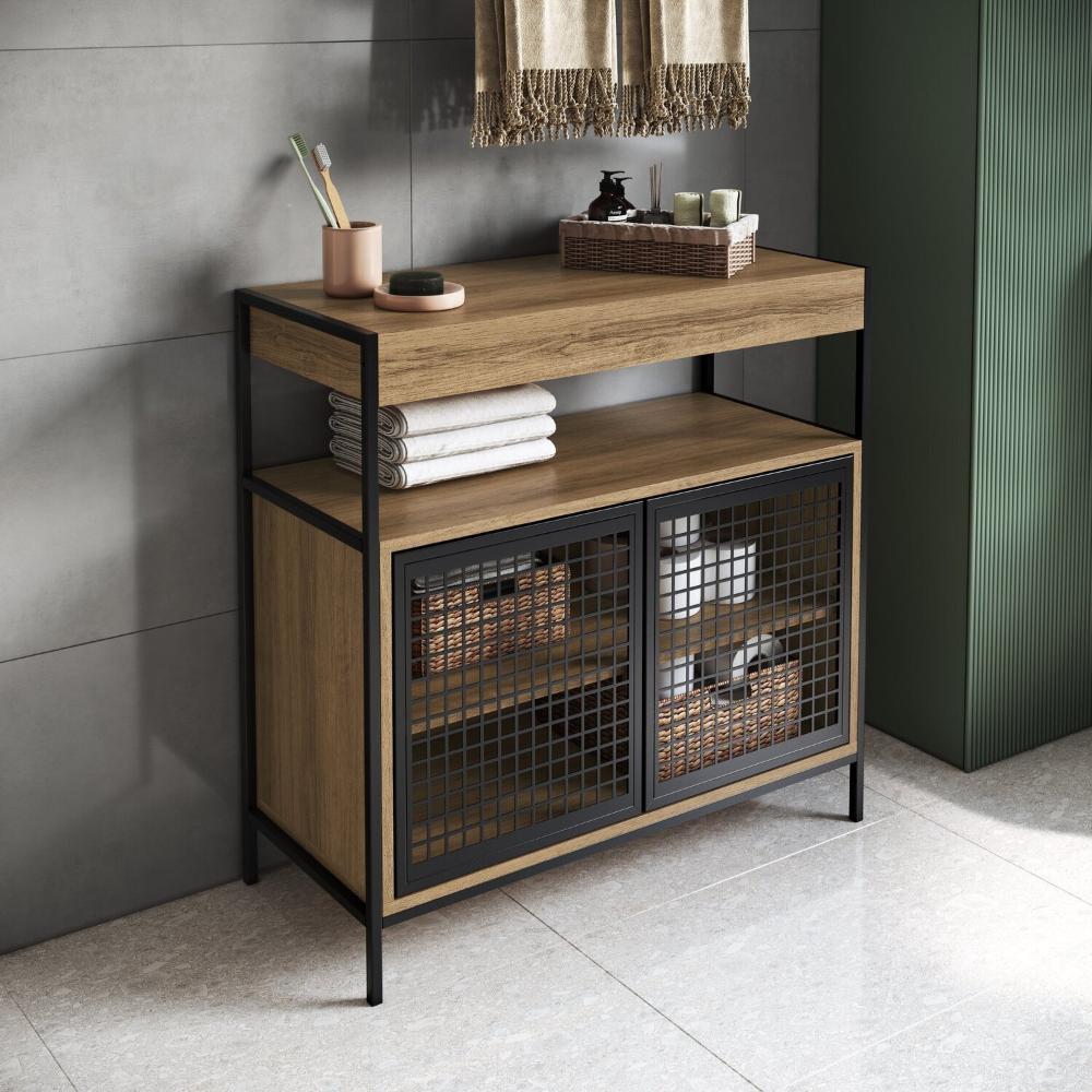 Miniatura Armário Gabinete de Banheiro 80cm Estilo Industrial com 2 Portas Preto/Mel