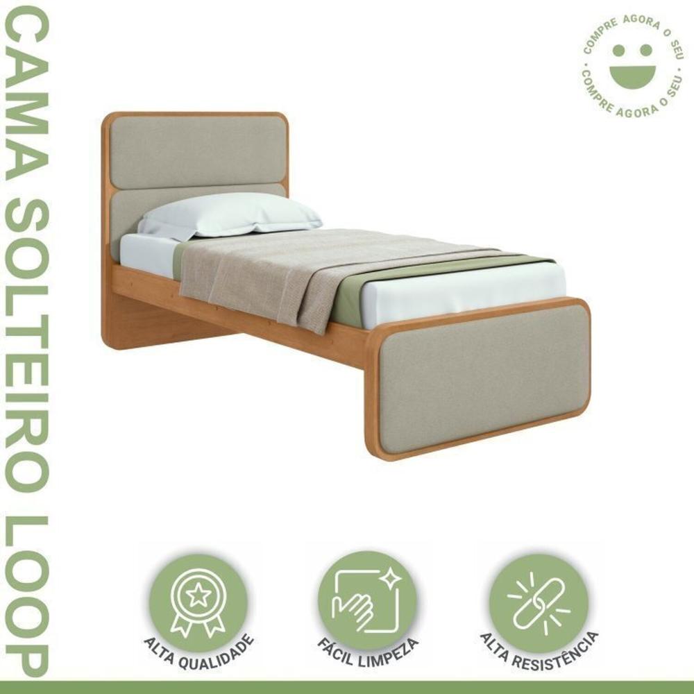 Quarto Infantil com 2 Camas Solteiro Loop Tecido Boucle e Mesa de Cabeceira 2 Gavetas Loop Amendoa Clean/Salvia