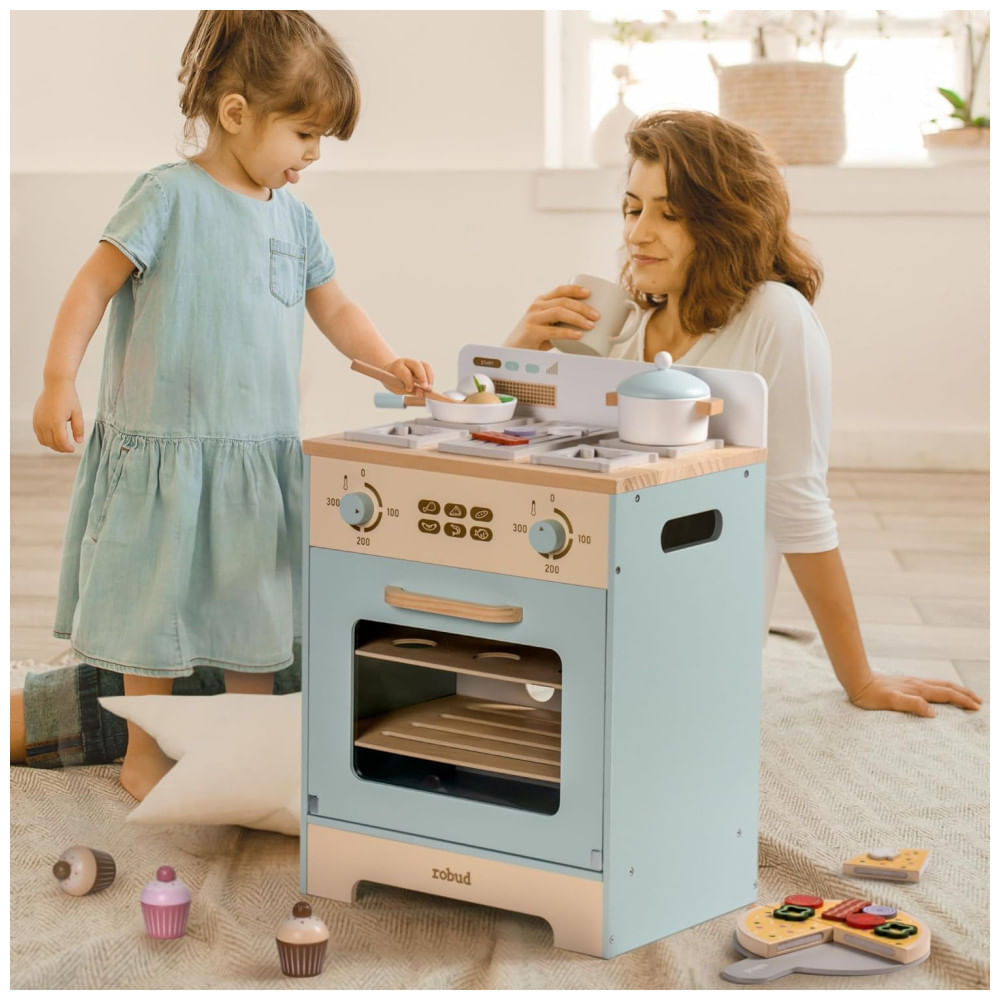 Miniatura Forno de Cozinha Educativa de Brincar em Madeira ROBUD, com Mini Cupcakes e Pizza, para Crianças - Brinquedo Realista de Forno de Madeira