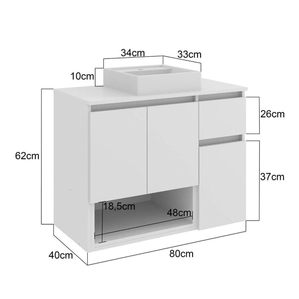 Miniatura Gabinete Banheiro Suspenso 80cm Aurora com 03 Portas 01 Gaveta e Nicho com Cuba Branco