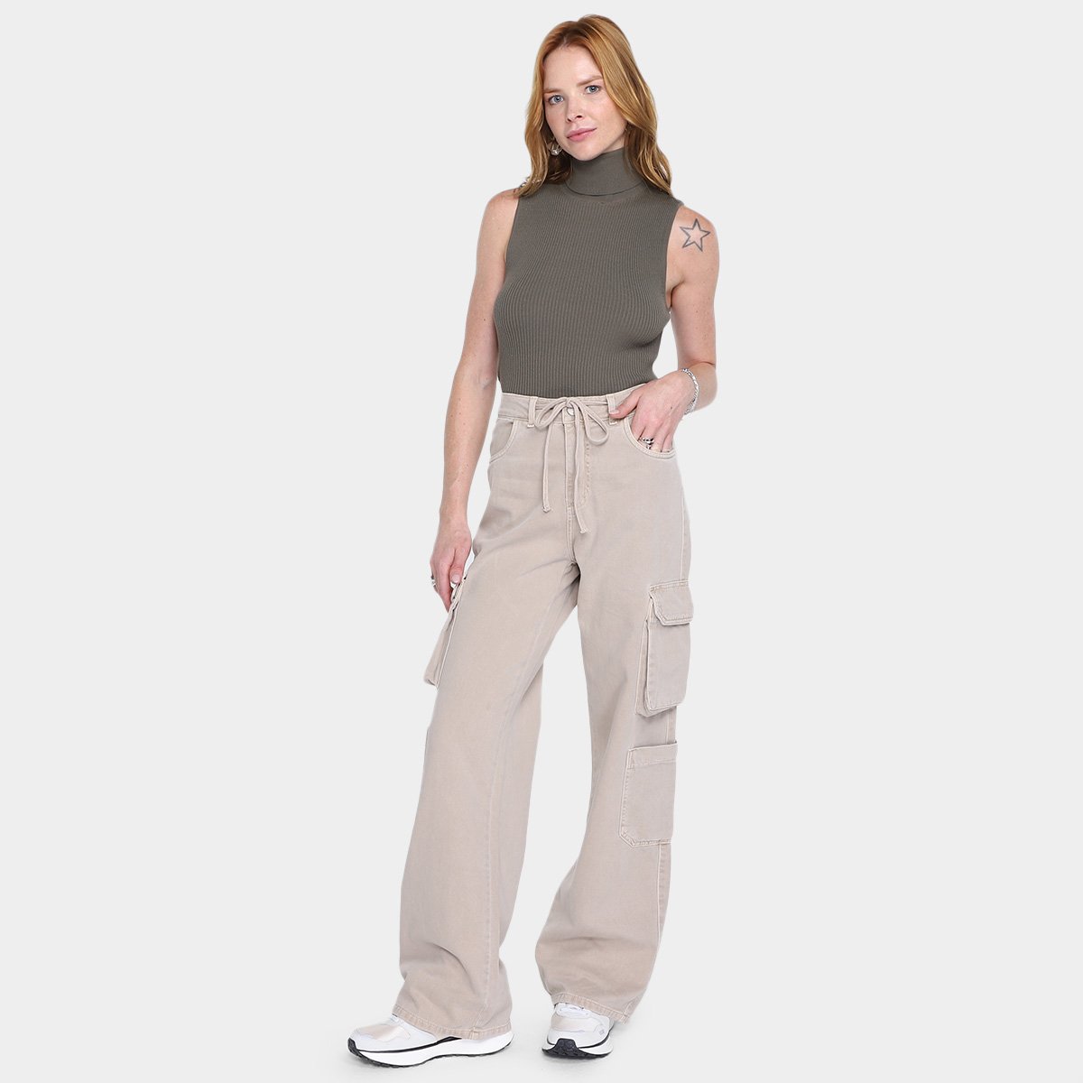 Miniatura Calça Wide Leg Sawary Casual Feminina Bege - 36