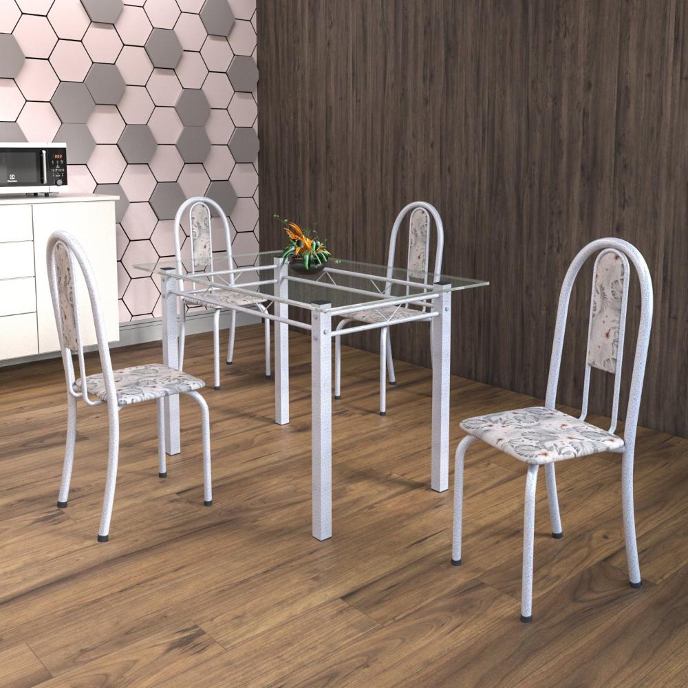 Miniatura Conjunto Mesa Tubular 120cm Tampo em Vidro com 4 Cadeiras Iris Soma Móveis Botanic Cinza/Pérola