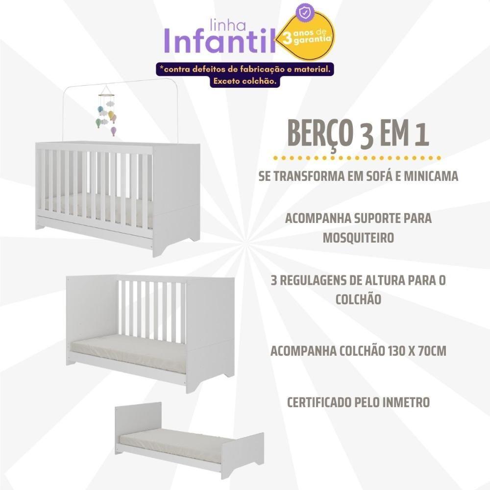 Miniatura Berço Americano 3 Em 1 Com Colchão Incluso E Rodízios Bambino Multimóveis Branco