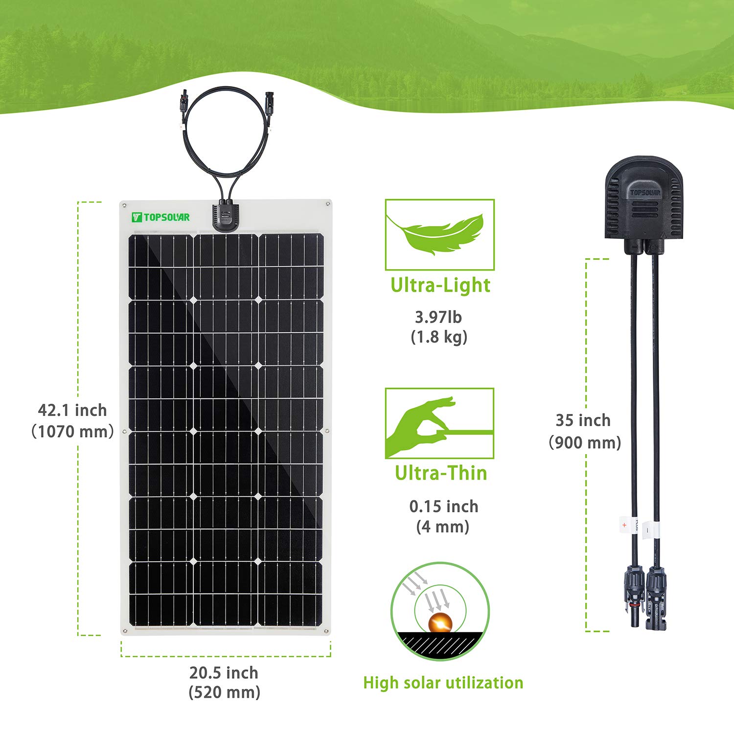 Miniatura Topsolar Painel Solar, Monocristalino e extremamente flexível, 100W, 12V, 1 unidade.