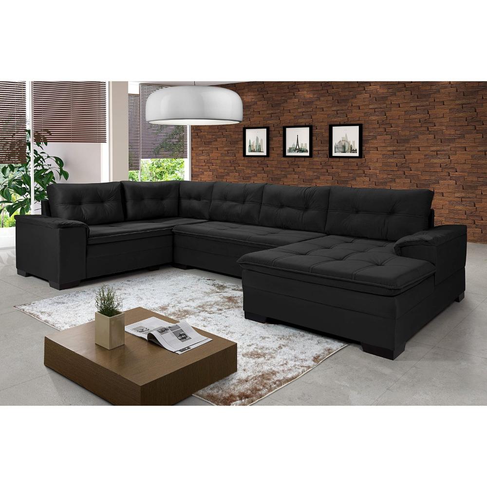 Miniatura Sofá de Canto 6 Lugares Com Chaise Suede Aveludado Viena Império Estofados Preto