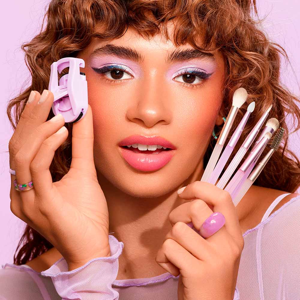 Miniatura Real Techniques Pastel Pop Frosted Lids Eye Kit - 6 Pincéis para Olhos + 1 Mini Curvador de Cílios Kit