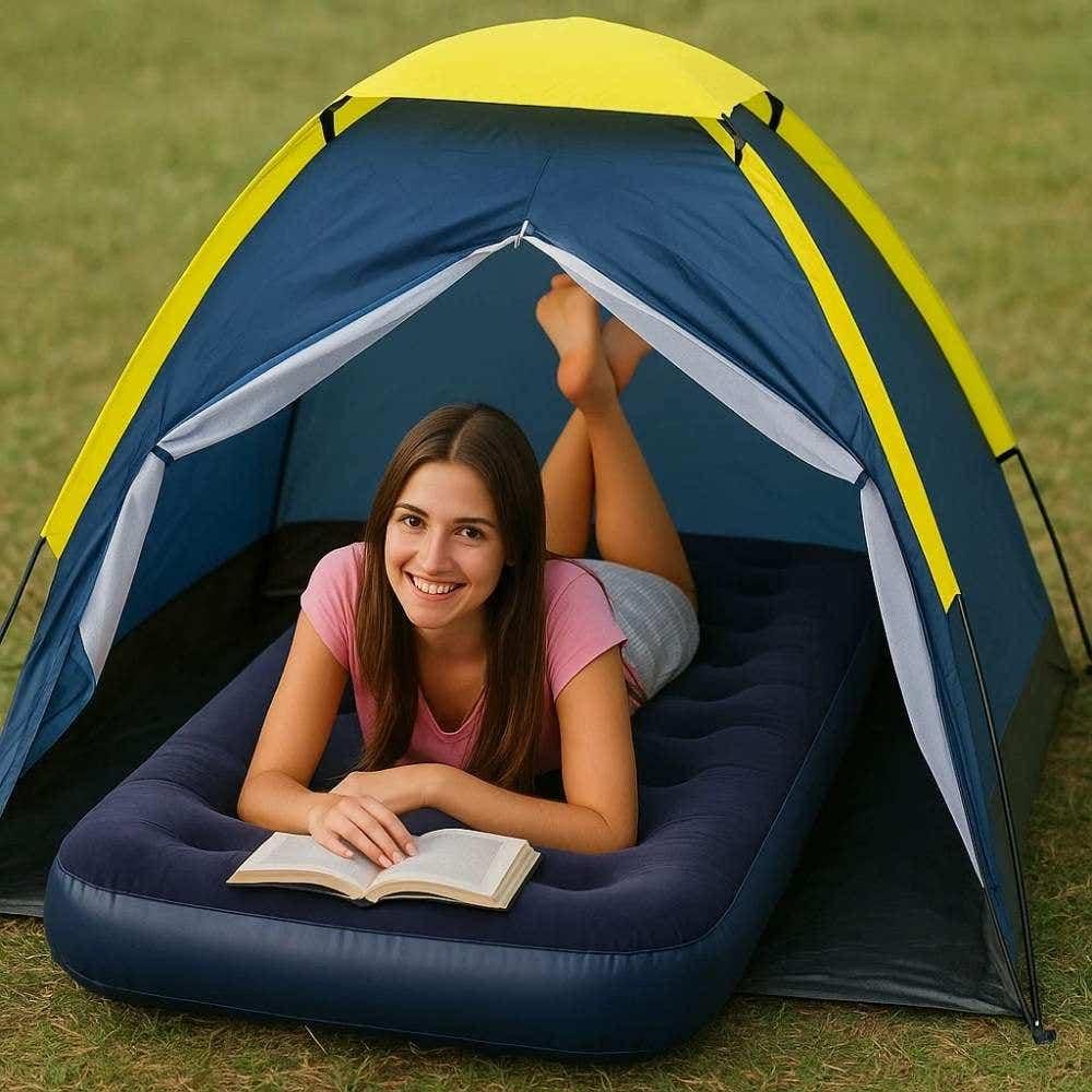 Miniatura Barraca Iglu para Camping 2 Pessoas Azul com Colchão Inflável Solteiro e Inflador Mecânico MOR